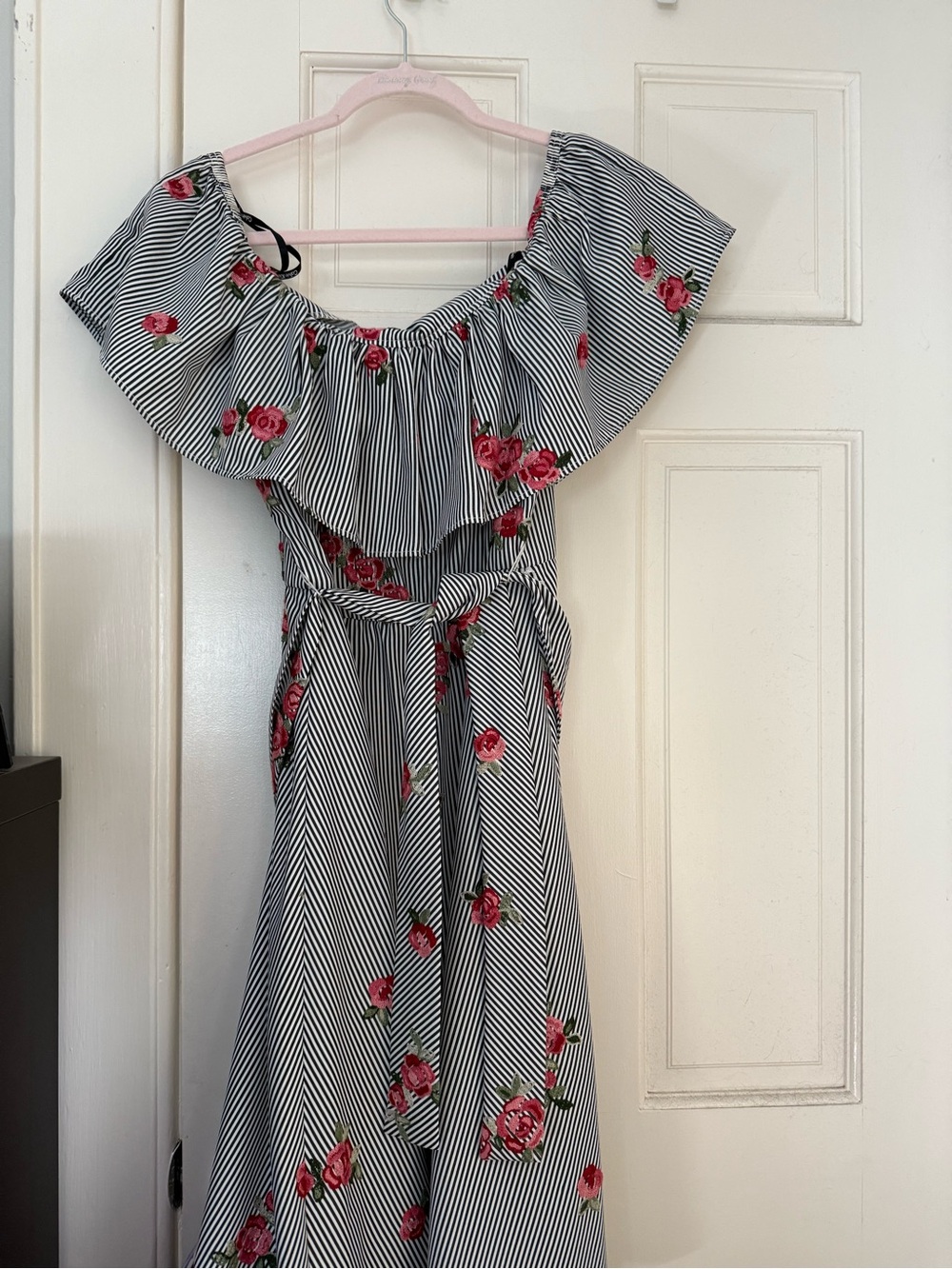 Calvin Klein Black & White Striped One-Shoulder Dress with Pink Rose Print